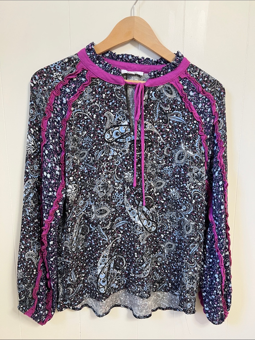 BTFLlife Colorful Blue Magenta Paisley Ruffled Metallic Tunic Blouse Top Boho S